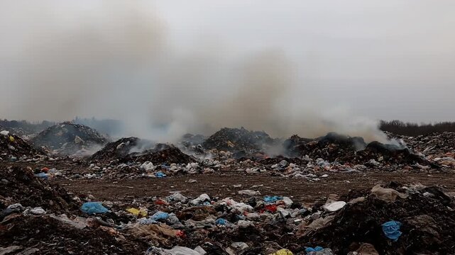 A sprawling landfill under a cloudy sky with piles of waste, emitting smoke. Plastic bags and debris litter the landscape