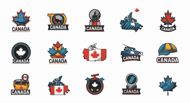 Collection of Canadian-themed emblems featuring maple leaves, maps, and national symbols