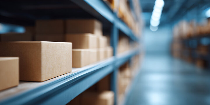 Warehouse storage shelves with cardboard boxes