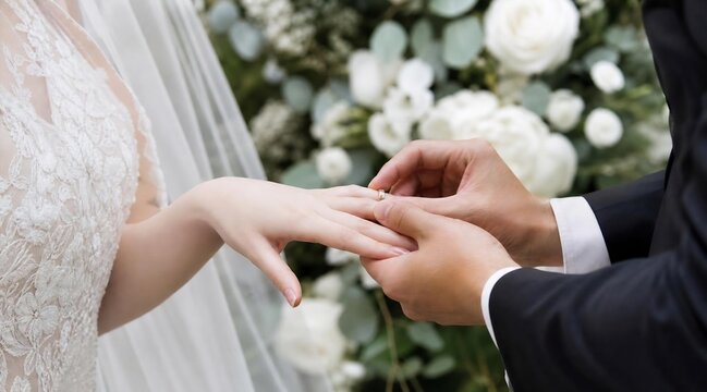 Close up of groom placing wedding ring on bride finger at ceremony