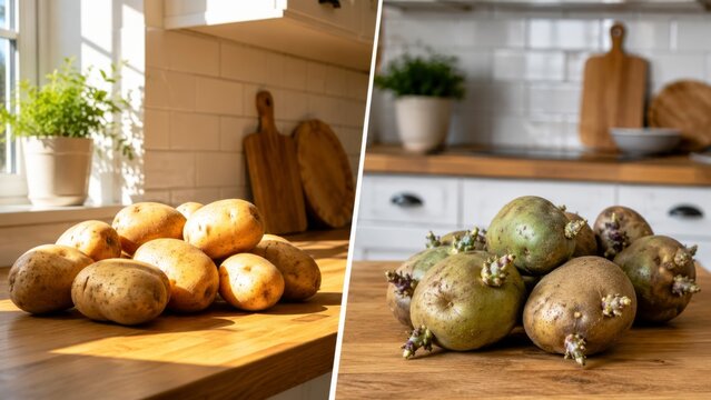 Potatoes stored in light leading to green sprouting potatoes