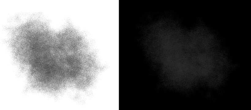 Atmospheric smoke cloud texture, dark grey powder explosion on white background, ethereal mist and dust particles for design overlay