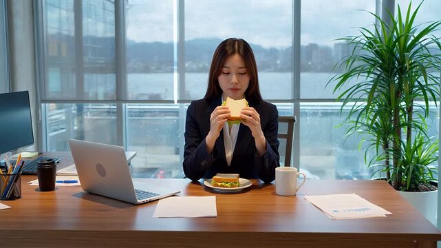 オフィスデスクでサンドイッチを食べる女性。環境の持続可能性と自然の美しさを強調している。