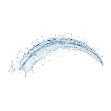A high-speed water sculpture, frozen in a horizontal arc with ice-blue tint and droplets, against a transparent studio background with ample copy space, concept for beverage advertising