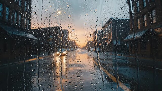 Urban city street viewed through rainy window during sunset