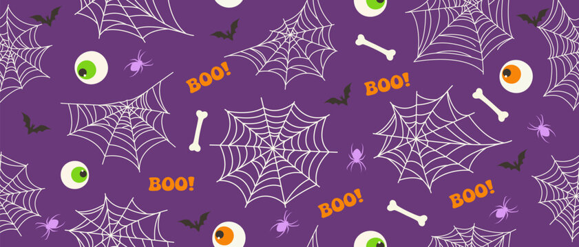 Seamless pattern with spiderwebs bats spooky eyeballs bones on purple background