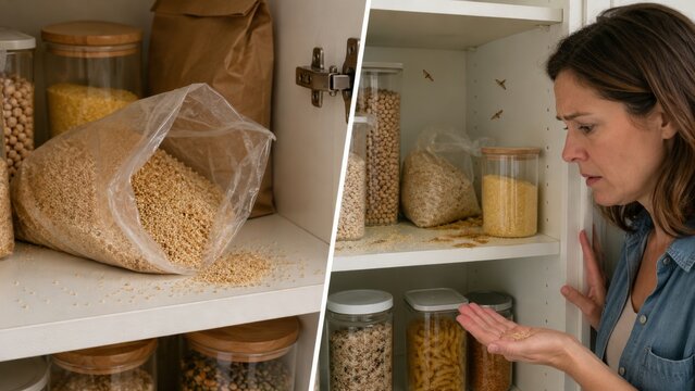 Open grain package leading to pantry pests in kitchen cabinet