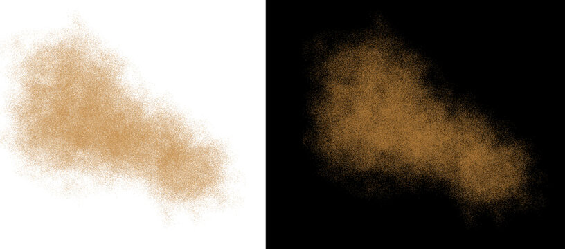 Brown sand explosion on white and black background, flying dust particles and dirt cloud, realistic soil splash texture for design
