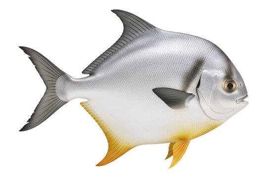 A fresh pompano fish with fins and tail isolated on a transparent background