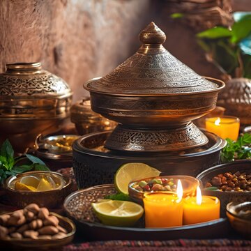 Tajine marocain traditionnel avec lumi&egrave;re chaude de bougie cuisine marocaine authentique et table rustique photographie culinaire cin&eacute;matographique