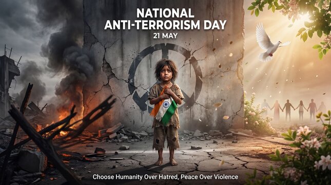 National anti terrorism day 21 may a child holding indian flag amidst destruction peace symbol dove flying contrasted with hope symbolizing fight against violence and terrorism promoting peace