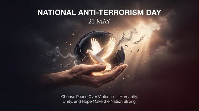 National anti terrorism day conceptual graphic with a hand holding a glowing globe containing a dove with broken chains symbolizing peace and freedom from violence against a dramatic sky with light