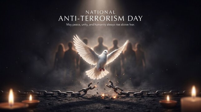 National anti terrorism day symbolic graphic featuring a dove of peace soaring above broken chains and lit candles representing freedom from violence and hope for a secure future with silhouetted