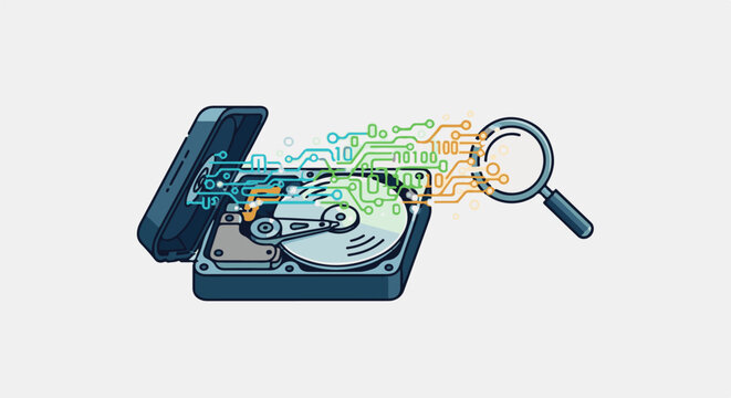 Digital data extraction from an open hard drive with binary code visualized