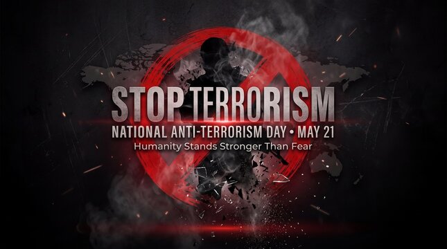 Stop terrorism concept with a silhouette figure inside a red prohibition sign and world map background symbolizing global peace and unity against violence and fear on national anti terrorism day