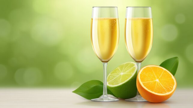 Refreshing Citrus Drinks in Sparkling Glasses with Bright Citrus Fruits on Wooden Table and Blurred Green Background for Summer Celebrations