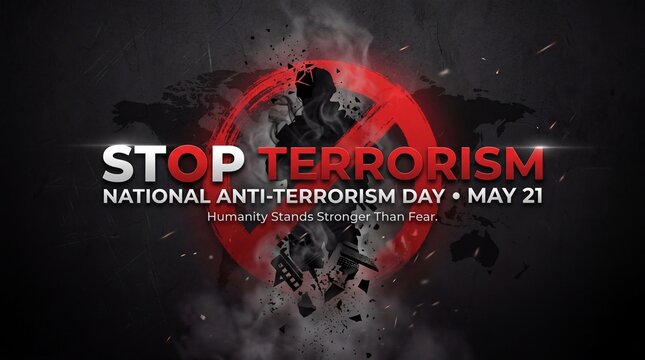 Stop terrorism national anti terrorism day may 21 humanity stands stronger than fear silhouette soldier red prohibition symbol explosions smoke dark background world map overlay abstract concept
