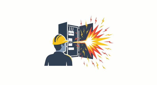 Electrician works on panel when electrical surge happens, with sparks and bolts