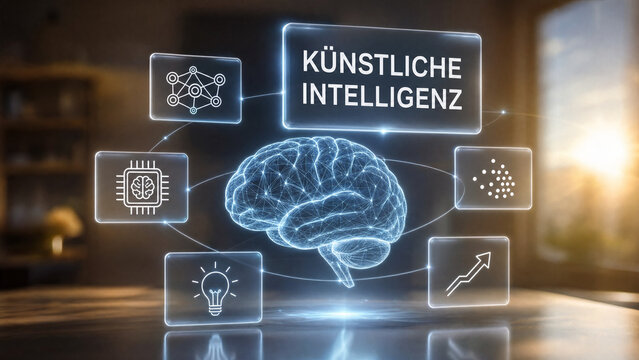 K&uuml;nstliche intelligenz &ndash; leuchtendes Wireframe Gehirnmodell mit holografischen Icons K&uuml;nstliche Intelligenz Konzept Still Life