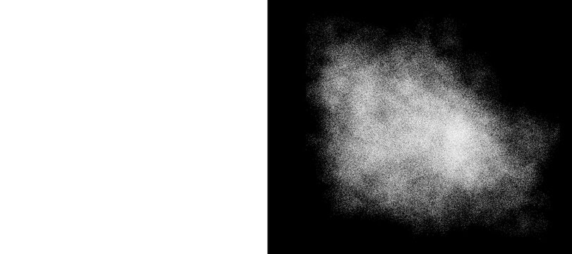 Realistic brown dust cloud explosion, dry sand powder splash isolated on white and black background, fine dirt particles spray texture