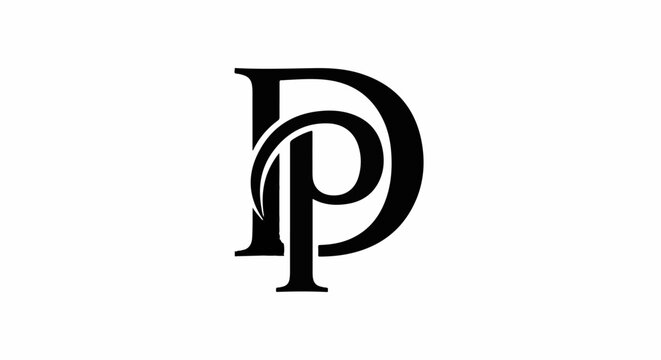 Elegant DP monogram, black serif letters, serif D embraces serif P, white background