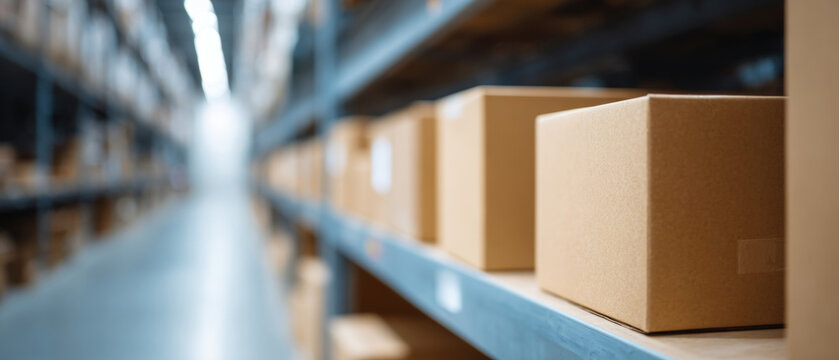 Cardboard boxes on warehouse shelves