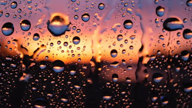 Raindrops resting on window glass against vibrant sunset sky