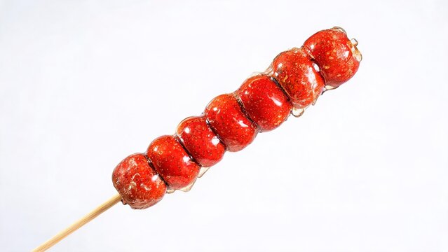 raditional Chinese Candied Hawthorn Stick (Bingtanghulu), Sugar‑Coated Hawthorn Berries on Wooden Skewer, Isolated on White Background, Classic Asian Street Food Dessert