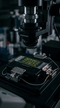 Microscope examining colorful DNA microarray chip