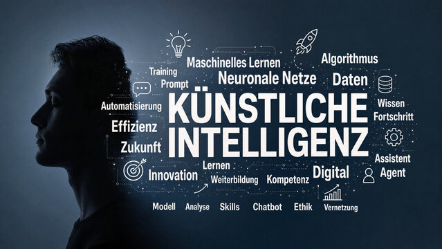 K&uuml;nstliche intelligenz &ndash; typografische Wortwolke aus KI Begriffen um Kopf Silhouette K&uuml;nstliche Intelligenz Konzept