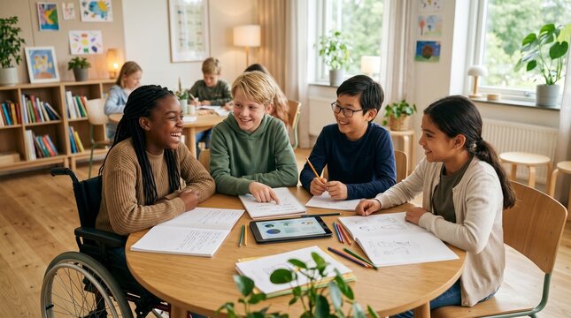 Inclusive classroom of diverse children collaborating on art and schoolwork with tablet