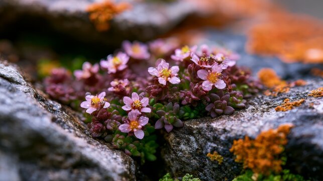 Alpine Bloom on Rocky Terrain: Delicate pink blossoms emerge from a dense mossy cushion, nestled amongst weathered rocks and accented by vibrant orange lichen.