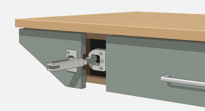 Close-up of cabinet hinge mechanism and wooden surface