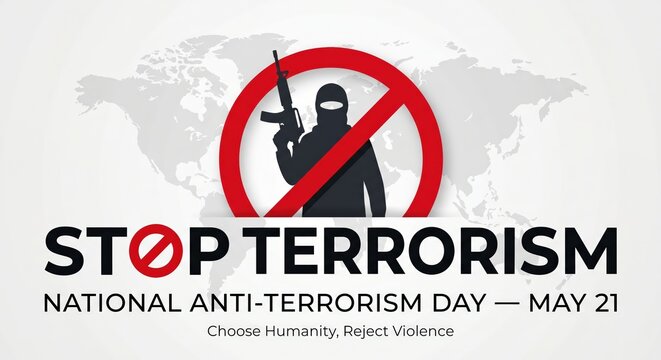 National Anti Terrorism Day with silhouette of masked figure holding rifle inside prohibition sign against map background