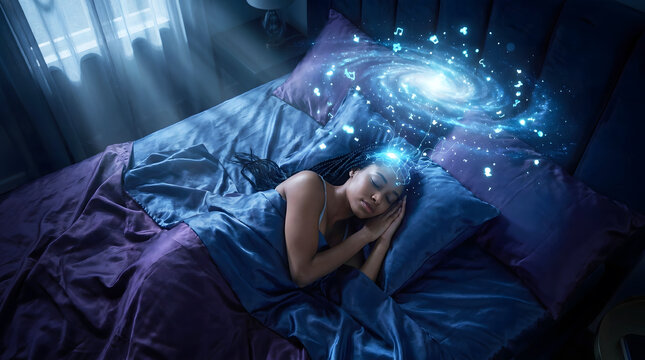 Deep sleep and lucid dreaming concept. Woman sleeping peacefully with a glowing holographic galaxy above her head.