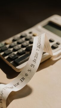 Close-up of a calculator with a receipt tape showing numbers and text.