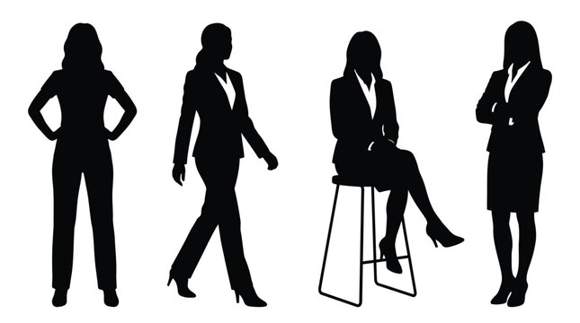 Professional business women silhouettes showing various standing and sitting poses in this clean isolated studio photograph