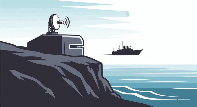 Coastal defense bunker with radar overlooks a ship on the sea