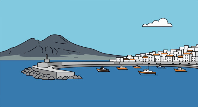 Coastal town with a mountain backdrop and boats in the harbor under a blue sky