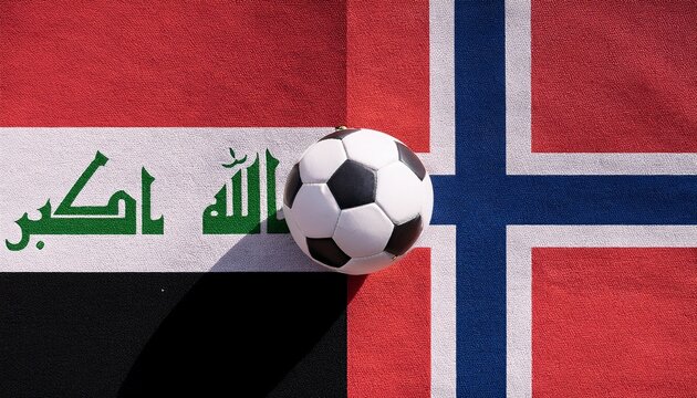 soccer ball placing between iraq flag and norway flag