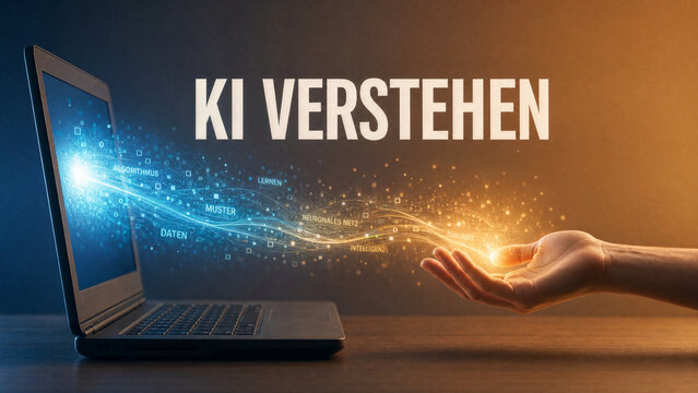 KI verstehen &ndash; leuchtende Datenstrom flie&szlig;t aus Laptop in offene Hand K&uuml;nstliche Intelligenz Konzept Lichtmetapher
