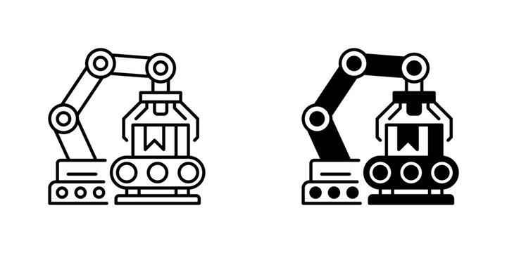 Robotic Arm Line Icon, Outline Symbol for Factory Automation, Industrial Robotics, Precision Manufacturing, Assembly Line, and Mechanical Engineering. Vector Sign Icon.