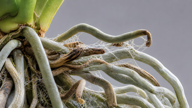 Close up of healthy orchid root system with thick green and silvery velamen roots, showing organic plant growth, botany care, and tropical houseplant ecology.