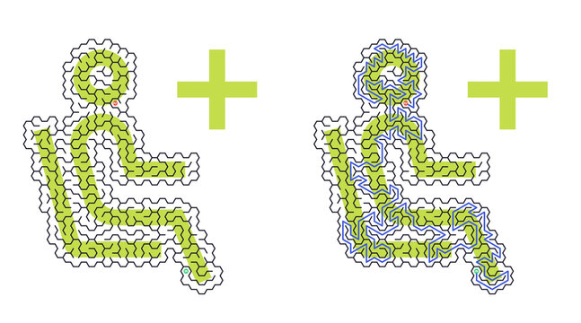 Two stylized figures sit in chairs, facing forward. Each figure uses green tones, bordered by white. Plus sign sits between them, implying connection. Both appear calm, in a seated, neutral posture