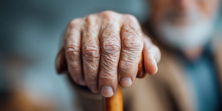 Aged hands holding a cane representing lifes journey