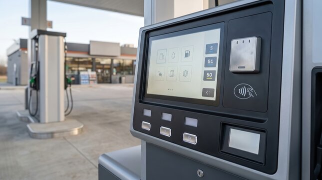 A fuel pump stands at a gas station with a digital display. Options for fueling and payment methods are visible. The area is bright with minimal traffic nearby