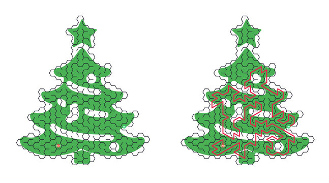 Two green Christmas trees made of hexagons. Each tree has a star on top. Left tree is solid green. Right tree has red lines drawn over it. Trees look like puzzle pieces