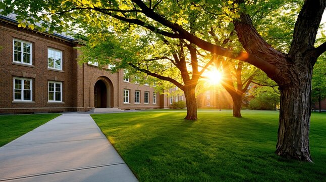 Golden light shines on historic campus architecture