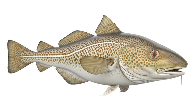 A fresh Atlantic cod, Gadus morhua fish with brown spots isolated on a transparent background