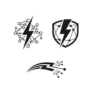 Digital Network Security Icons: Lightning Bolt, Shield, Abstract Circuitry, Data Flow
